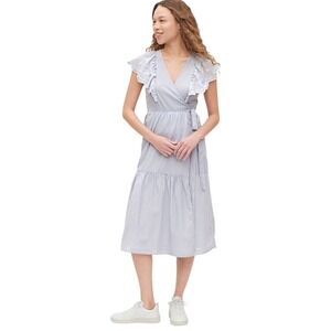 GAP Women's Striped Lace Midi Wrap Dress Tie Waist Flutter Sleeve Blue Size M